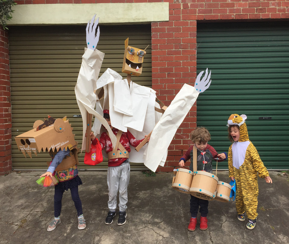 Makedo cardboard costume halloween giant dinosaur drummer