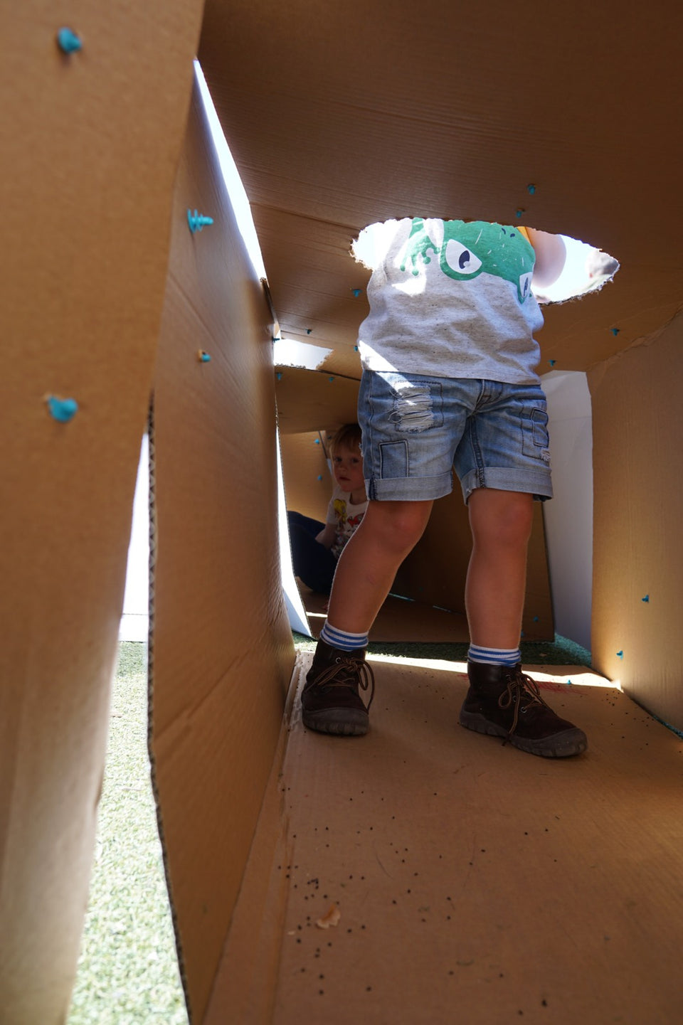 Makedo cardboard maze tunnel from inside