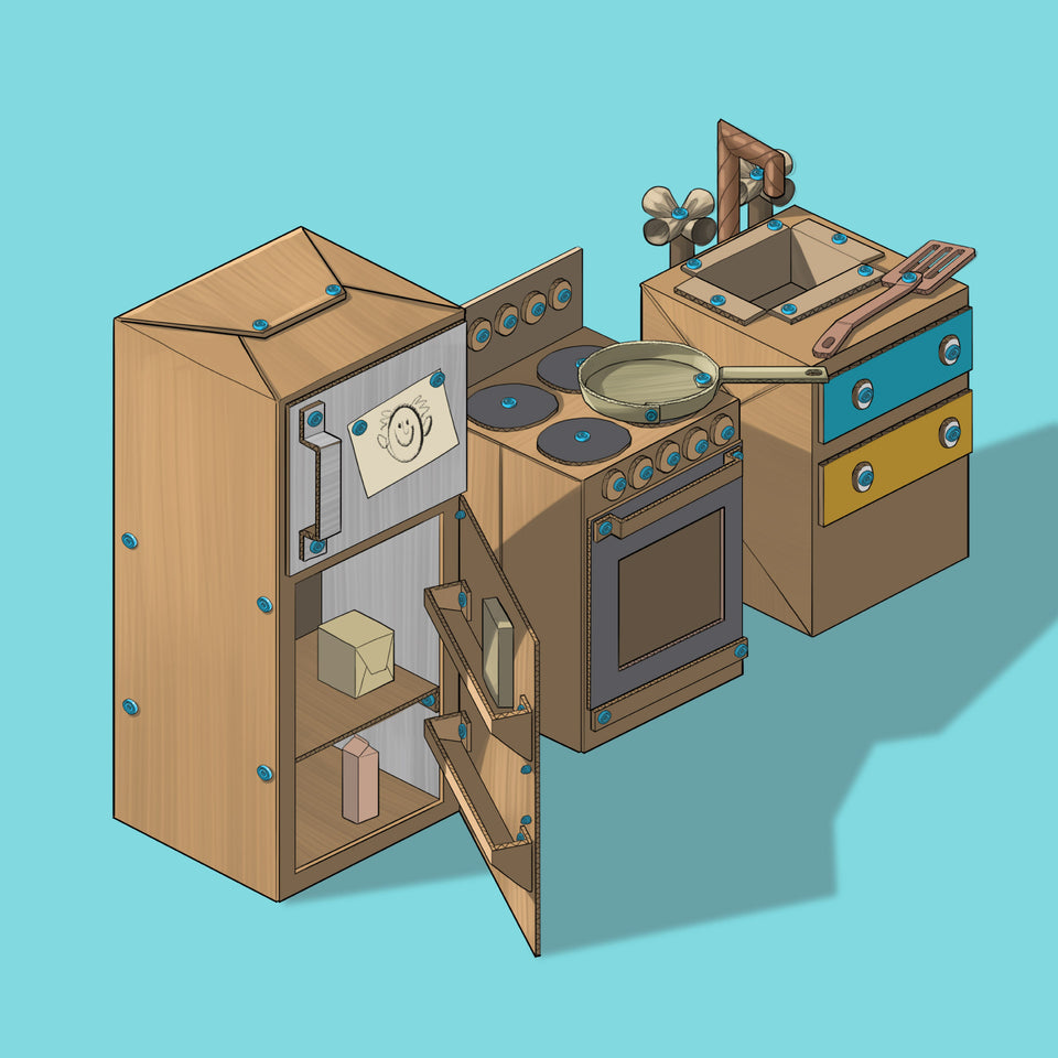 Makedo cardboard play kitchen illustration