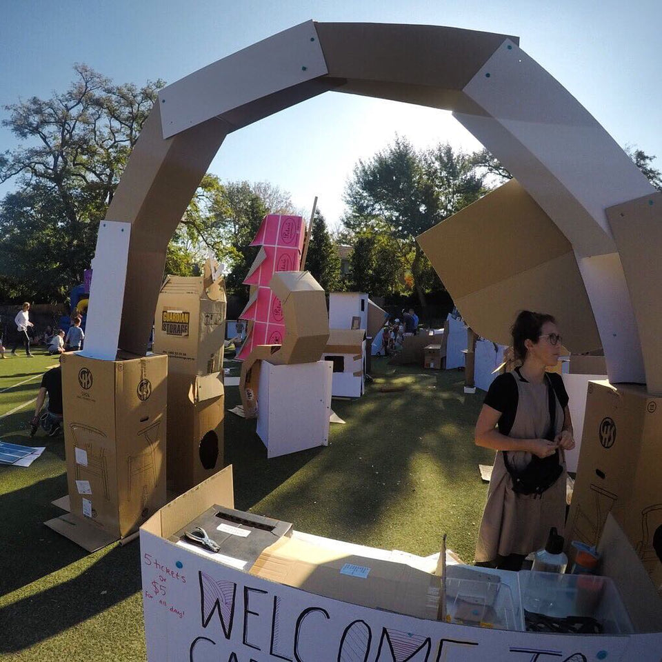 Makedo cardboard city with grand arch entrance