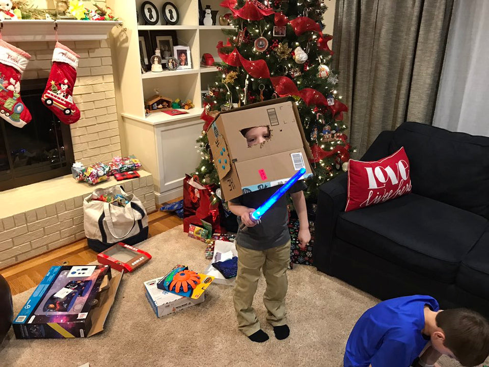 Makedo cardboard storm trooper helmet built by 5 year old at Christmas time