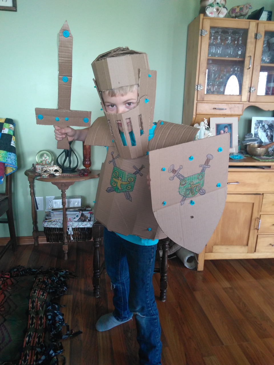Cardboard knight armor costume made using Makedo