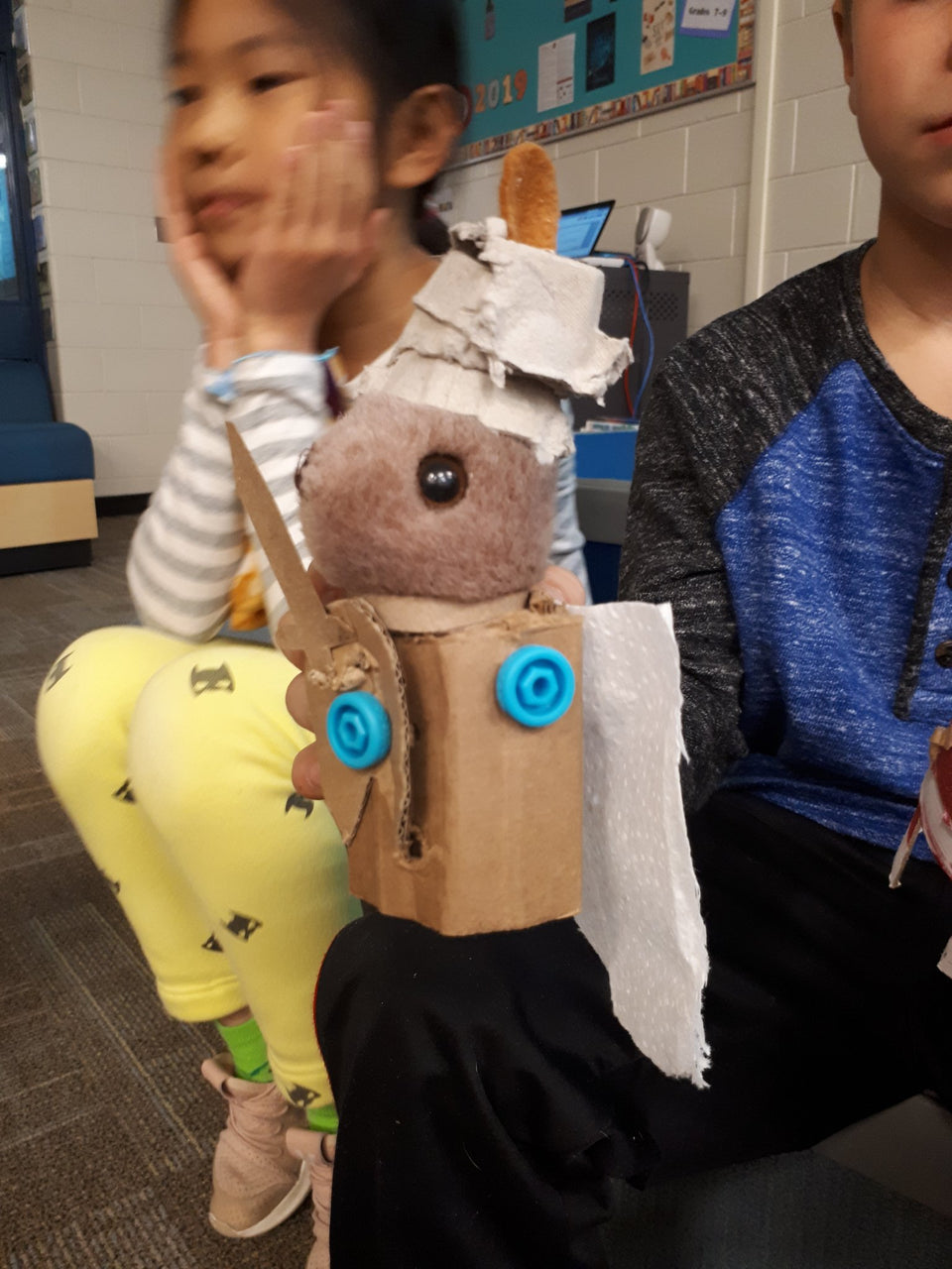 Making soft toy enhancements with cardboard and Makedo.
