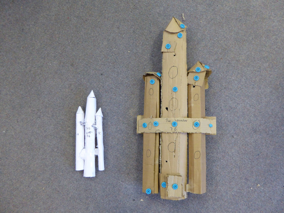 Cardboard space rocket prototype built using the Makedo system