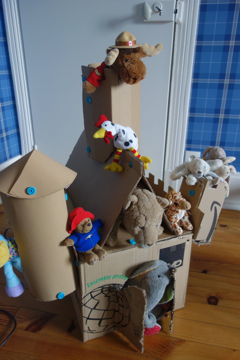 Castle for soft toys made with Makedo cardboard construction tools