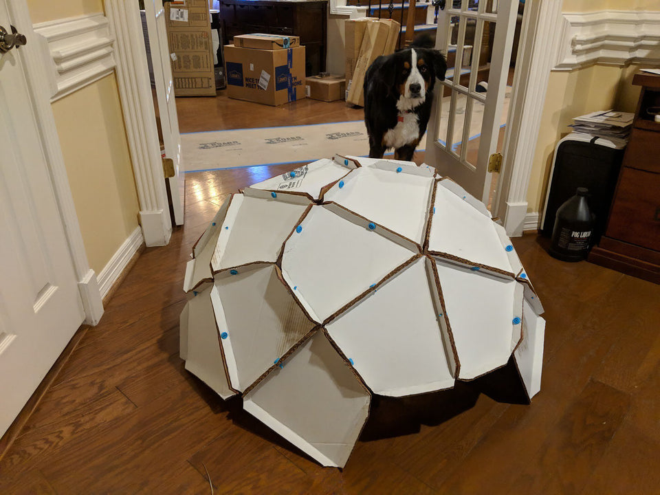 Makedo cardboard geodesic dome taking shape